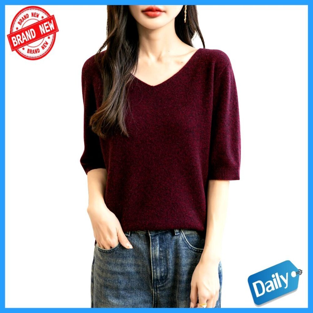 Merino Wool V-Neck Seamless Sweater Short Sleeve Pullover